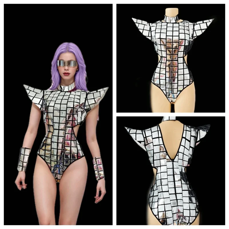

Sexy Cutout Waist Leotard Female Singer Dancer Nightclub Bar Stage Party Drag Queen Costume Silver Laser Fly Shoulder Bodysuit