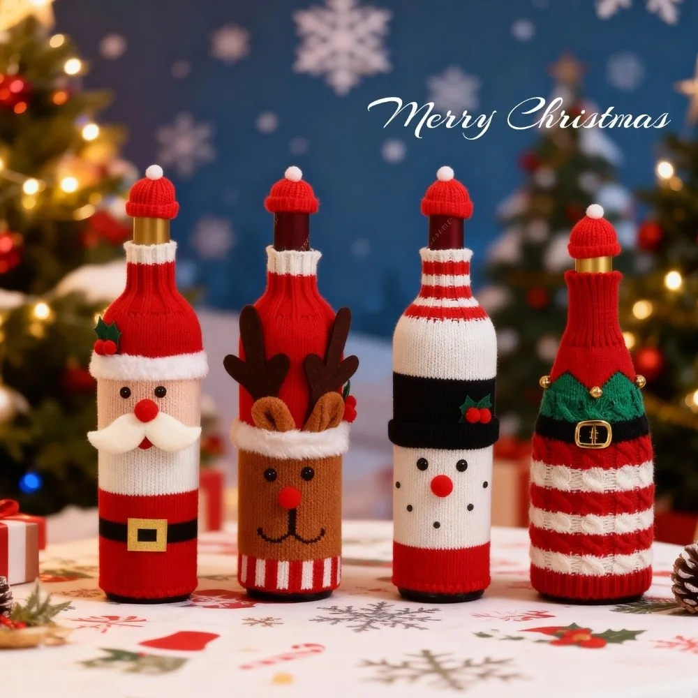 Knitted Wine Bottle Cover with Mini Santa Hat Santa Claus Christmas Knitted Bottle Cover Snowman Reindeer Beer Bottle Cover
