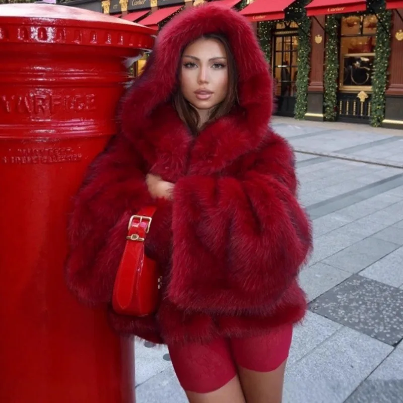 Tuularose Women Fur Coat Women 2025 Plush Red Bomber Jacket Solid Crop Long Sleeve Jacket Warm Winter Coats Female Casual Coats