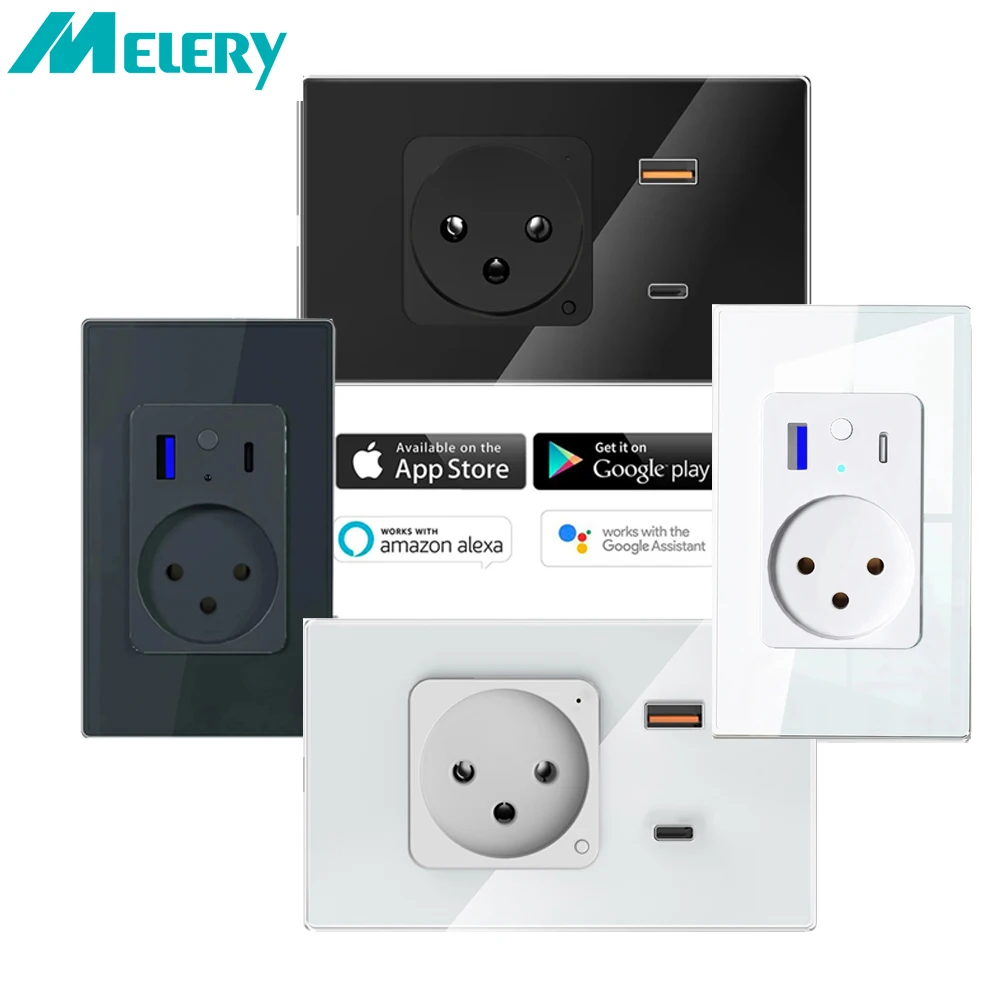 

Melery Tuya Wi-Fi Smart Israel Настенная розетка с USB Type C PD 30 Вт Розетка для Iphone EU Plug Remote от Alexa Google Home