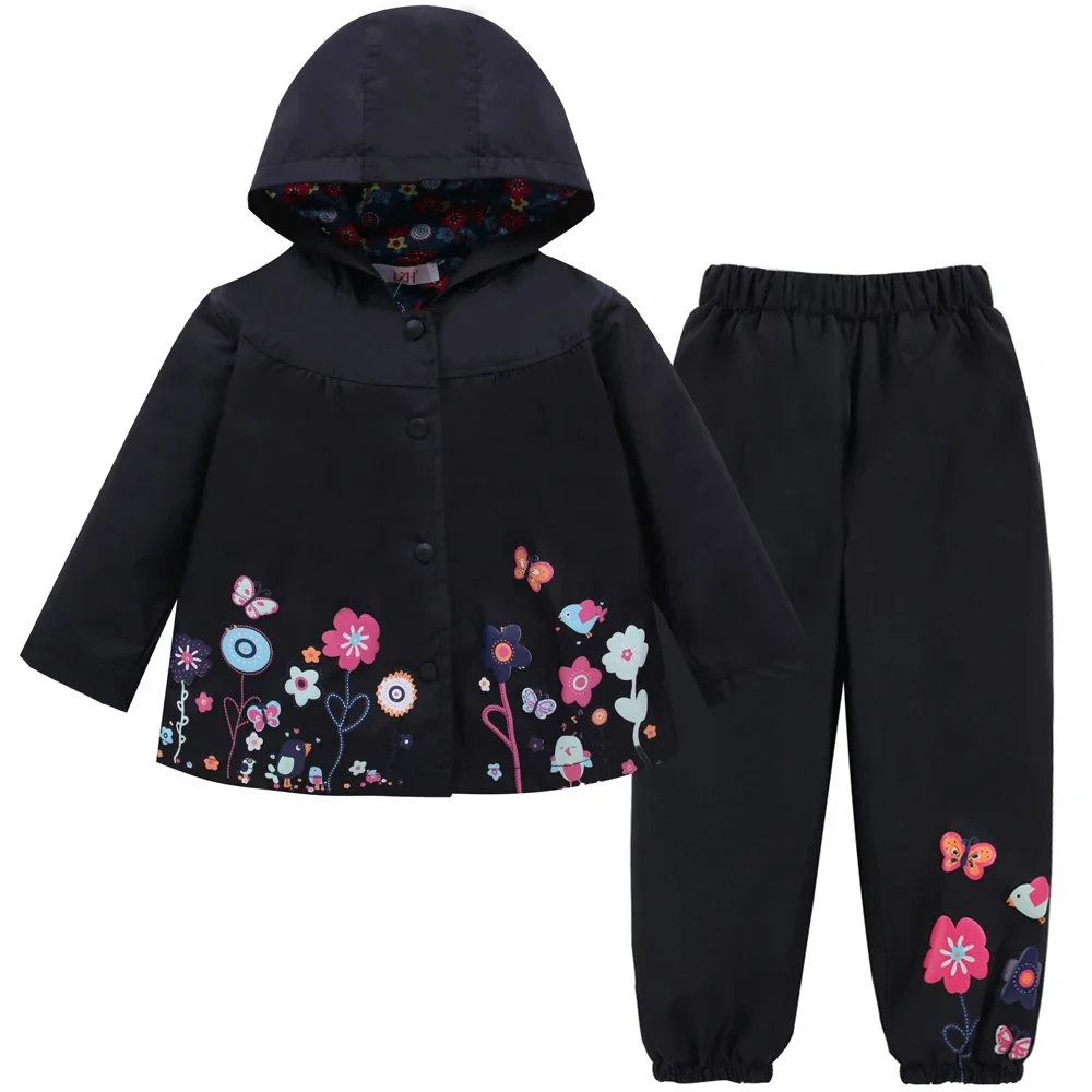 Children's Waterproof Long Sleeve Coat+Pants 2PCS Suit For Girls Raincoat Baby Boy Clothing Flower Print Kids Hoodie Rainwear