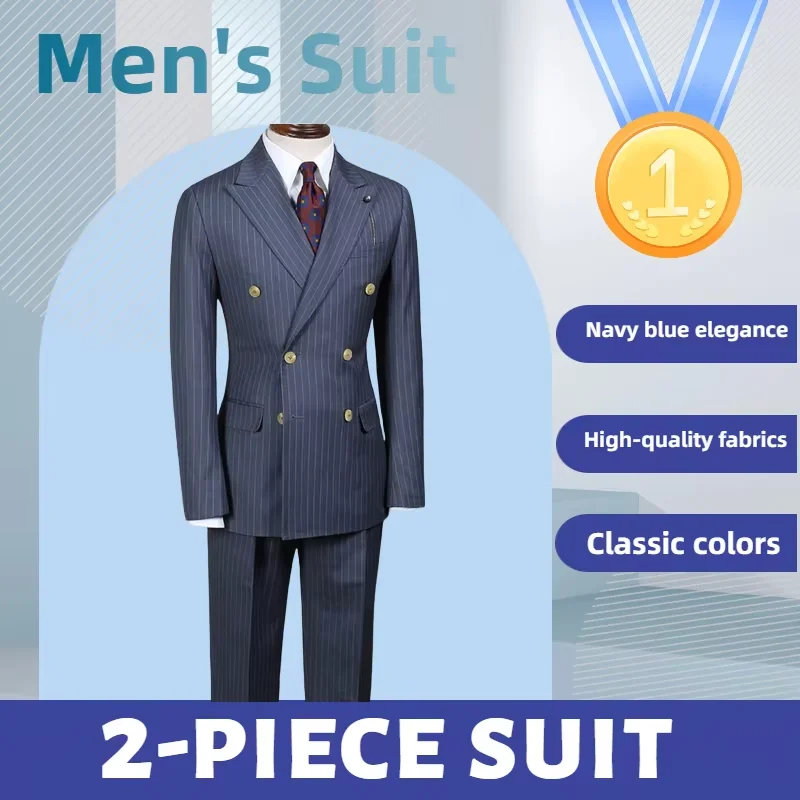 

Классические мужские костюмы в темно-синюю полоску, комплект из 2 предметов, элегантный мужской полный костюм, роскошная куртка, брюки, двубортный тонкий мужской пиджак