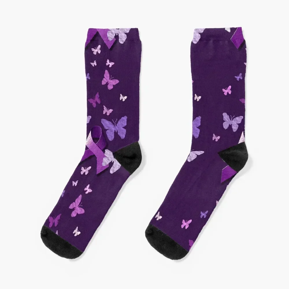

Purple Awareness Ribbon with Butterflies Socks cool cartoon set Men Socks Luxury Brand Women's