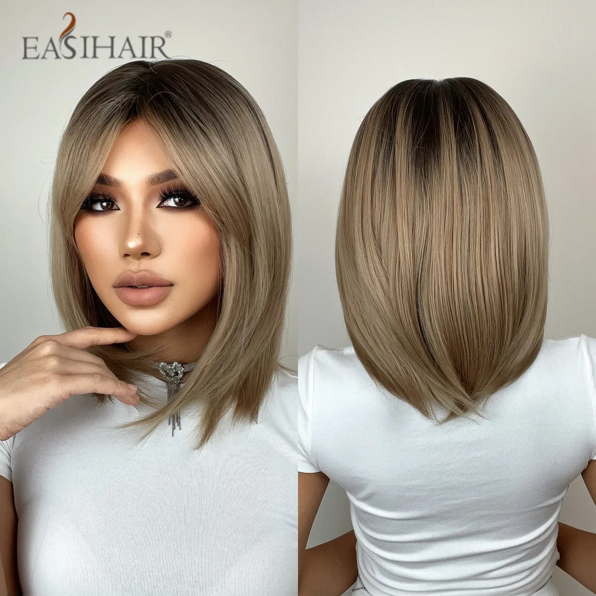 EASIHAIR Blonde Ombre Short Bobo Synthetic Natural Hair Wig with Bangs for Women Cosplay Party Heat Resistant Fiber Wigs