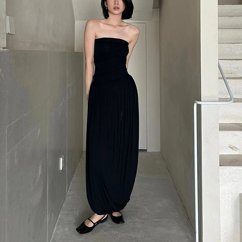 2024 Summer New Women\'s Dress Y2k Simple Slim Fashion Temperament Pleated Breast Sweeping Arc Spinning Modal Long Dresses