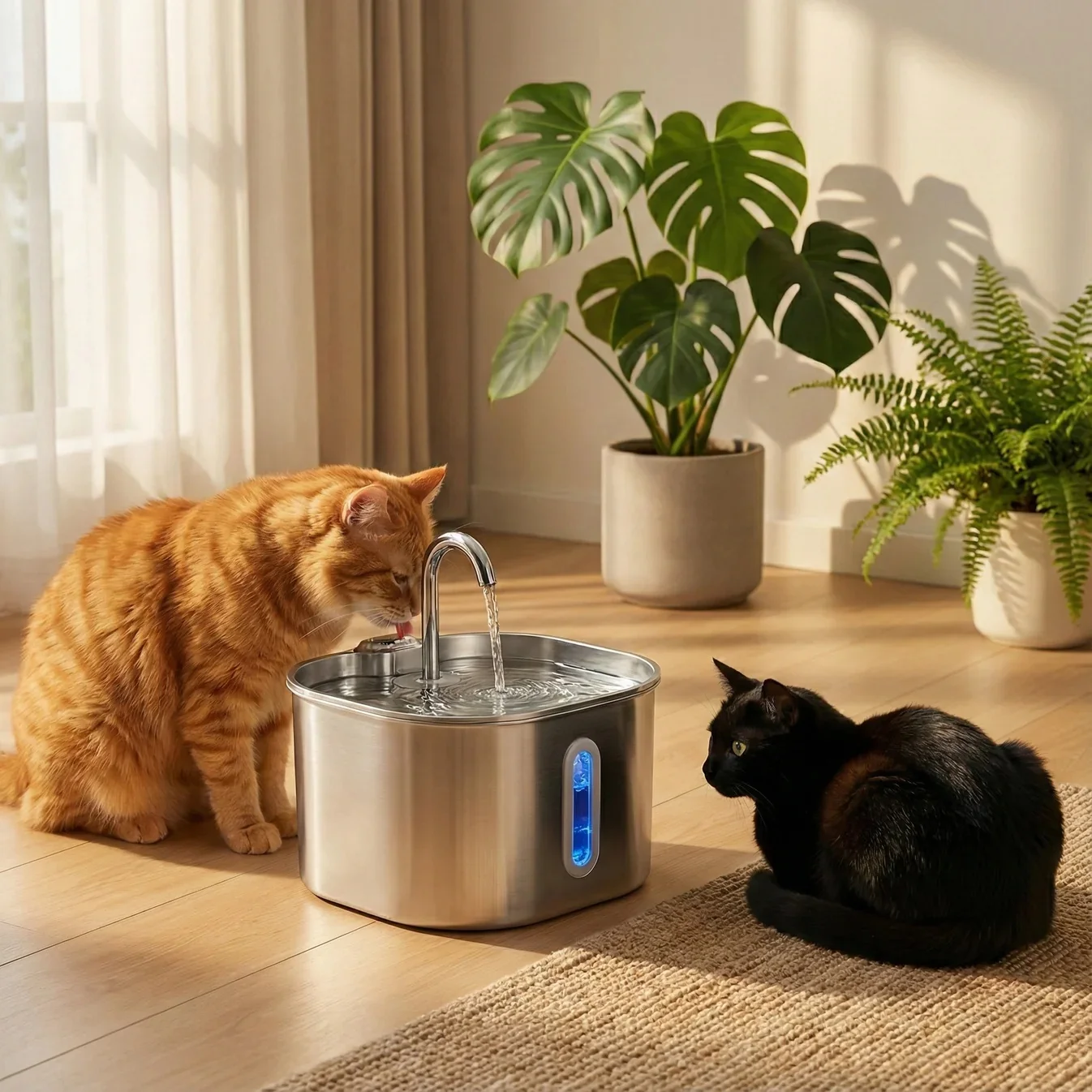 

Wasai 2.2LAutomatic Cat Water Fountain Square Stainless Steel Pet Water Feeder Water Fountain with Window Filter Water Dispenser