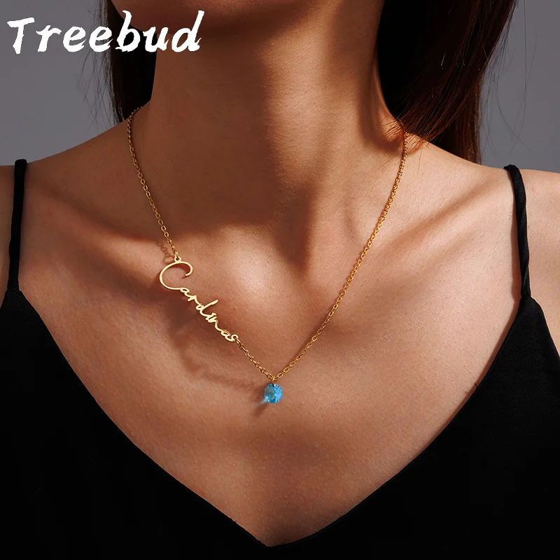 

Treebud Custom Name necklace with Birthstone for Women Stainless Steel Personalized Side Name Chain Valentine's Day Jewerly Gift