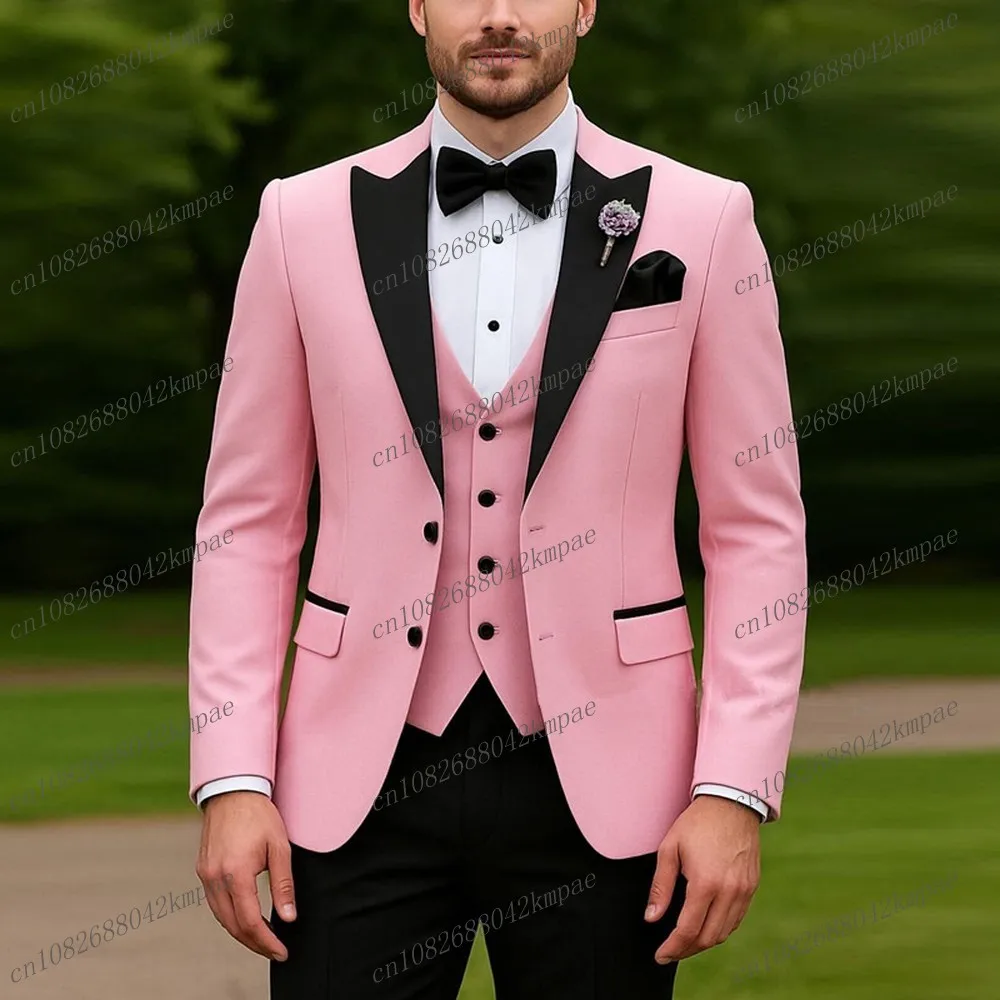 

Pink And Black Formal Men Suit Groom Groomsman Wedding Party Prom Business Male Tuxedos 3 Piece Set Blazer Vest Pants