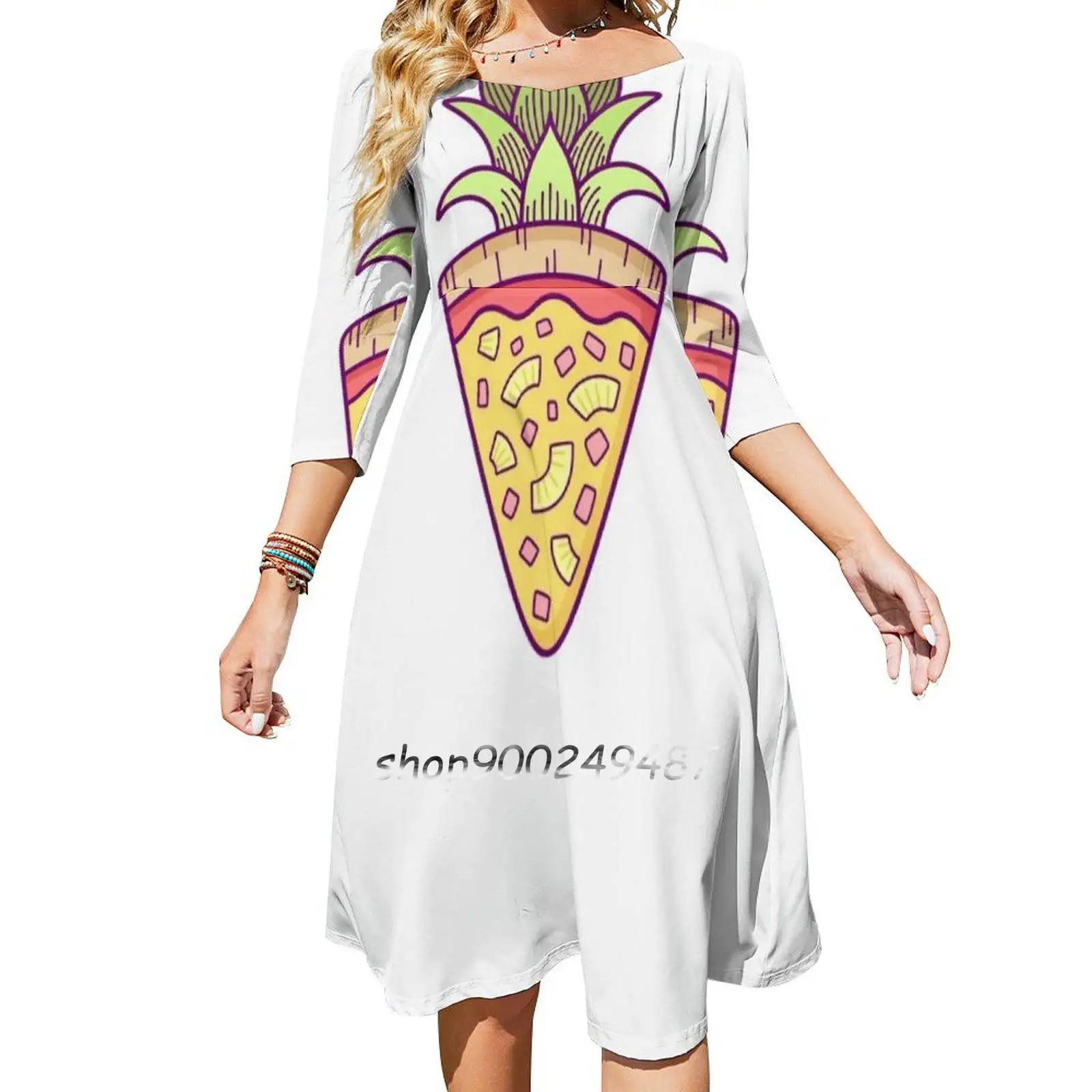 Pineapple Pizza Coat Of Arms Square Neck Dress Sweet Summer Dress Women Elegant Halter Print Dress Pineapple Pizza Pineapple