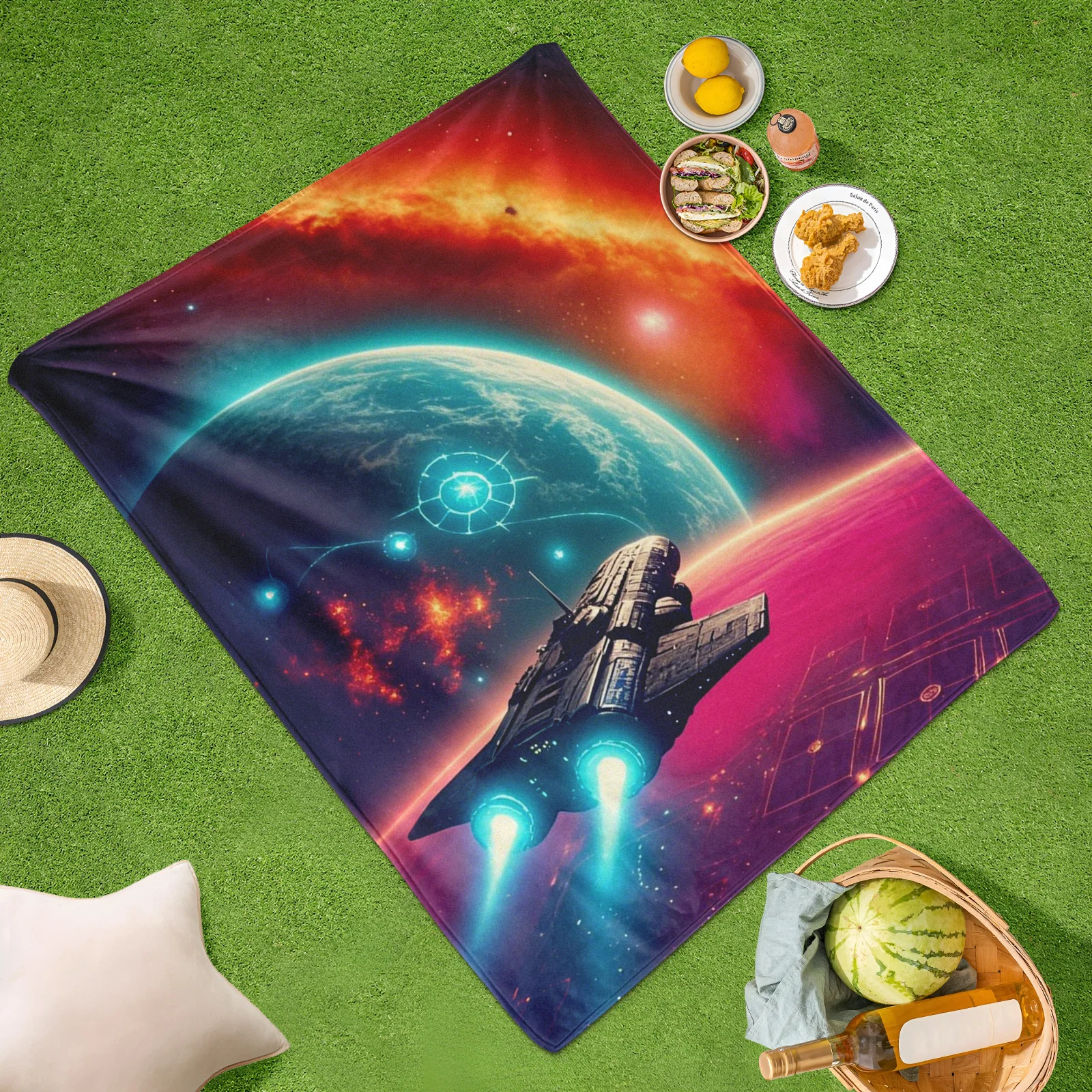 Red Blue Sci-Fi Outdoor Blanket Featuring Planets And Spaceships For Stargazing And Camping Adventures