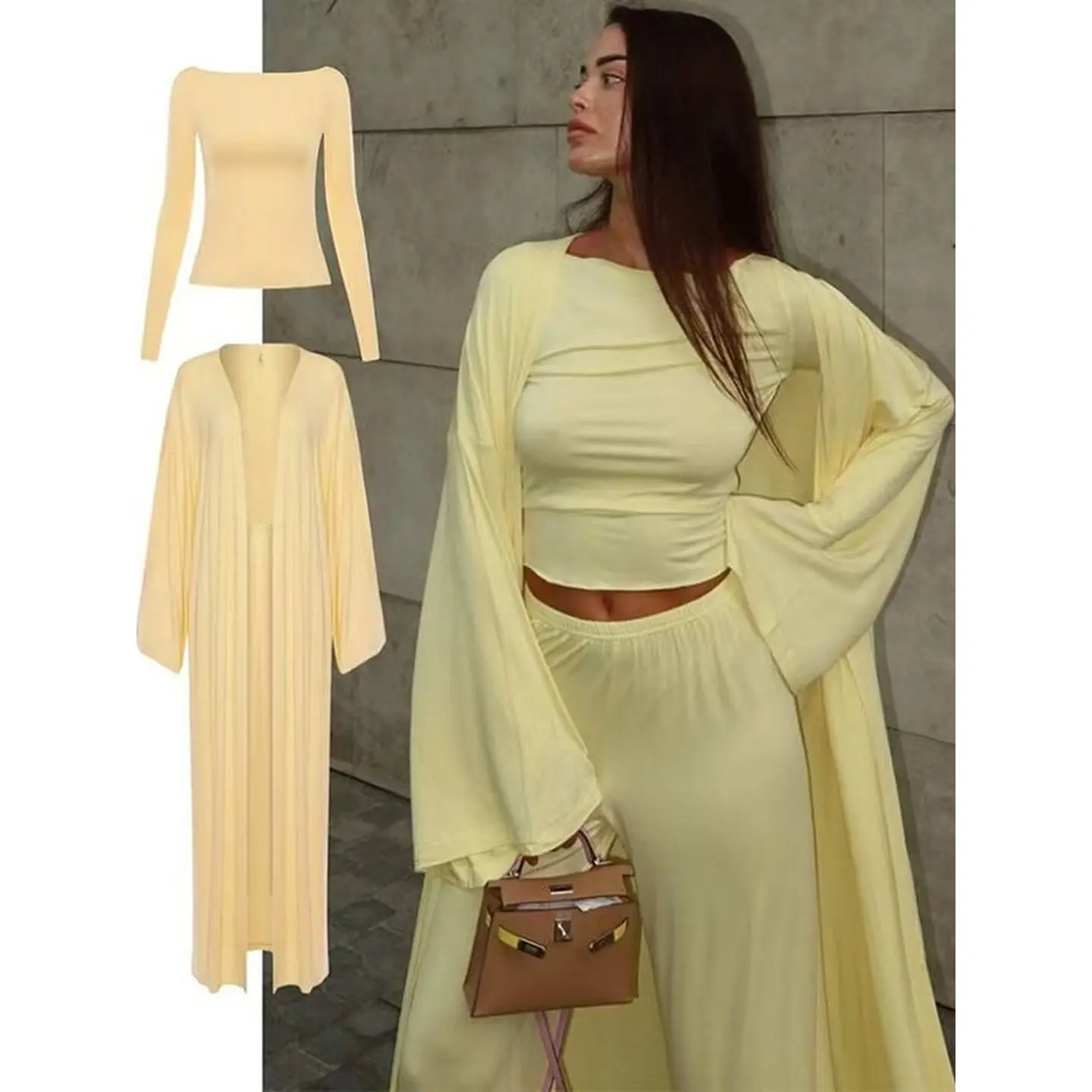 

Комплект из трех предметов: кардиган с длинными рукавами, длинные брюки, свободный модный костюм для женщин, осенне-зимний сезонный комплект одежды