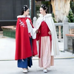 여성용 중간 길이 벨벳 한푸 망토, 우아한 숄, 중국 코트, 고대 코스튬, 레드 화이트 패딩 망토, 겨울