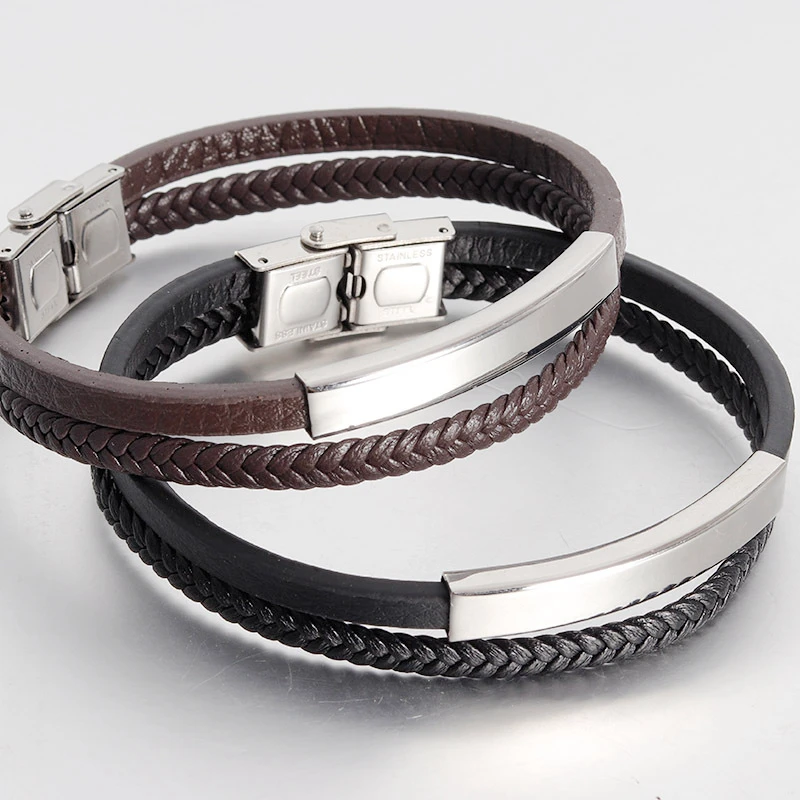 Elegant Men'S Double Leather Bracelet New In Bracelets Minimalist Vintage Wholesale Stainless Steel Jewelry 2024