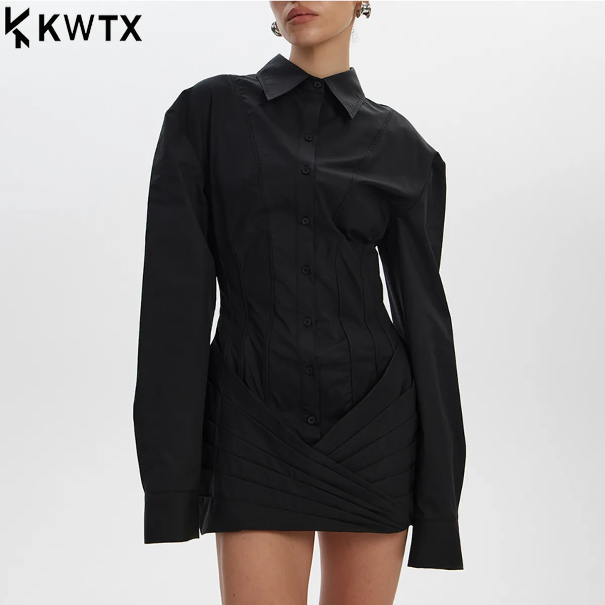 

Женское платье-рубашка KWTX 2026 весна, белое, во французском минималистичном стиле, с завышенной талией, перекрестными оборками, элегантное, для свиданий, вечеринок и офиса