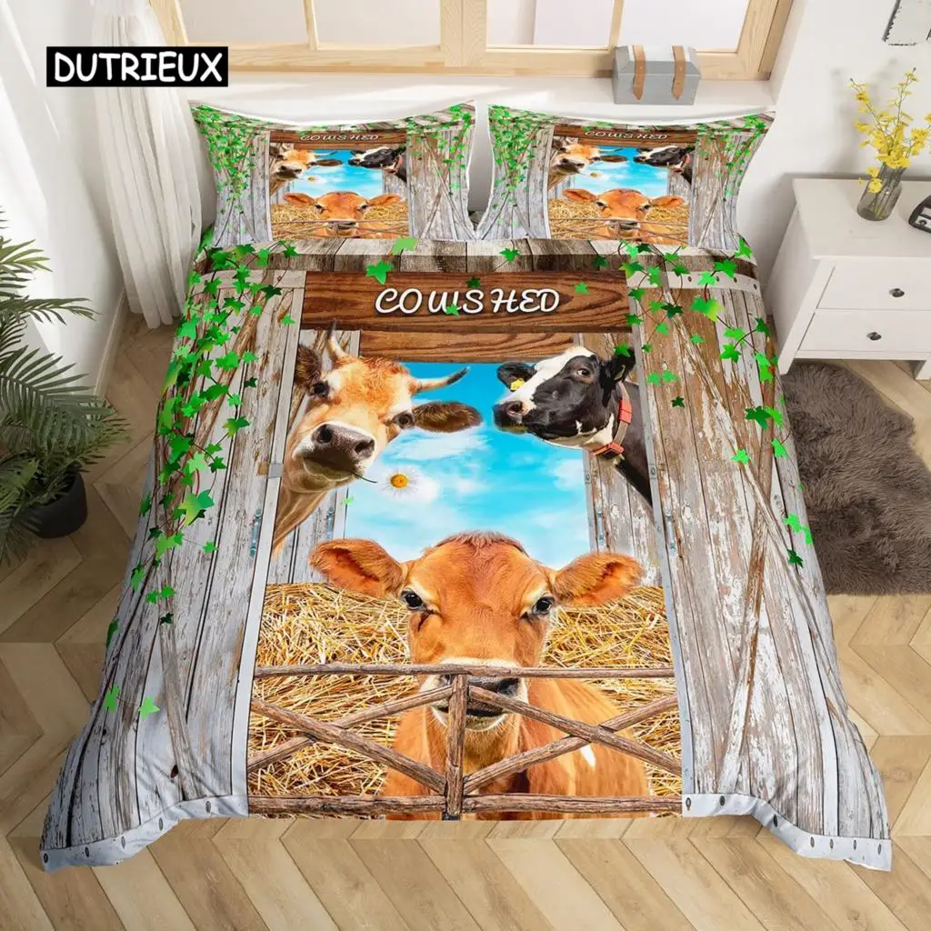 

Cow Duvet Cover Set Twin King Size Farm Animal Bedding Set Green Vine Leaves Print Comforter Cover Rustic Wood Board Quilt Cover