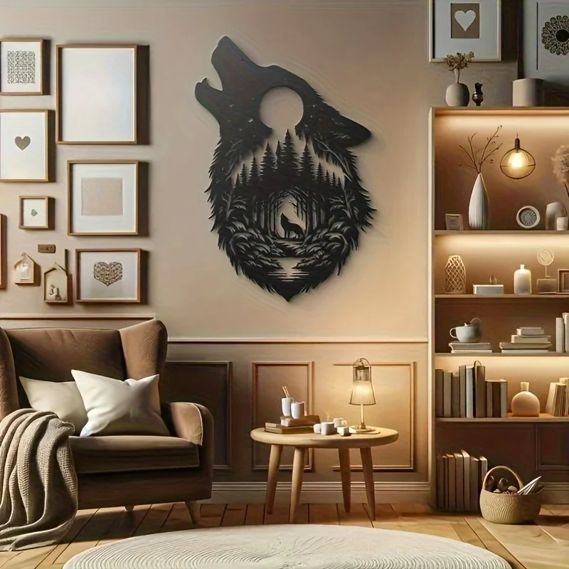 CIFBUY Metal Wall Art Black Wolf Moon Wall Decor Nature Pine Tree Scenery Hand Forged Iron Craft Home Decoration Living Room Gif