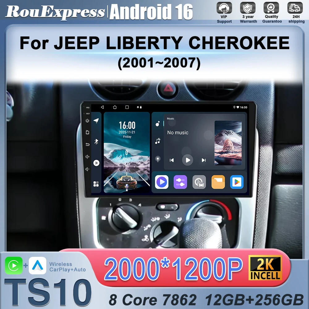 Android 16 Auto WIFI+4G For JEEP LIBERTY CHEROKEE 2001-2007 Carplay Car Radio Stereo Multimedia Player GPS No 2din DVD Wireless
