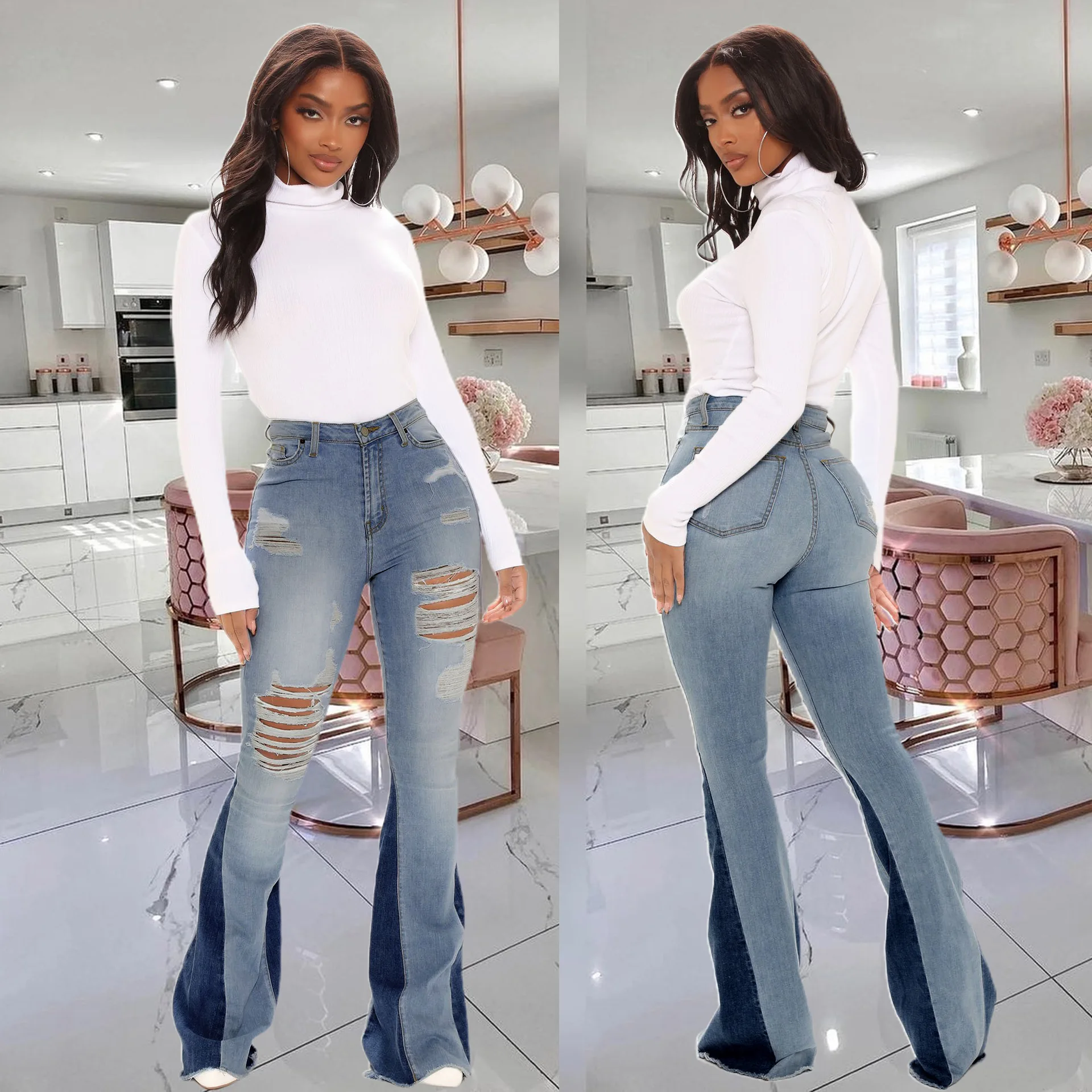 

Flare Pants Jeans Women Hole Boot Cut Distressed Ripped Patchwork Mid Waist Vintage Washed Female Floor Length Trousers Denims