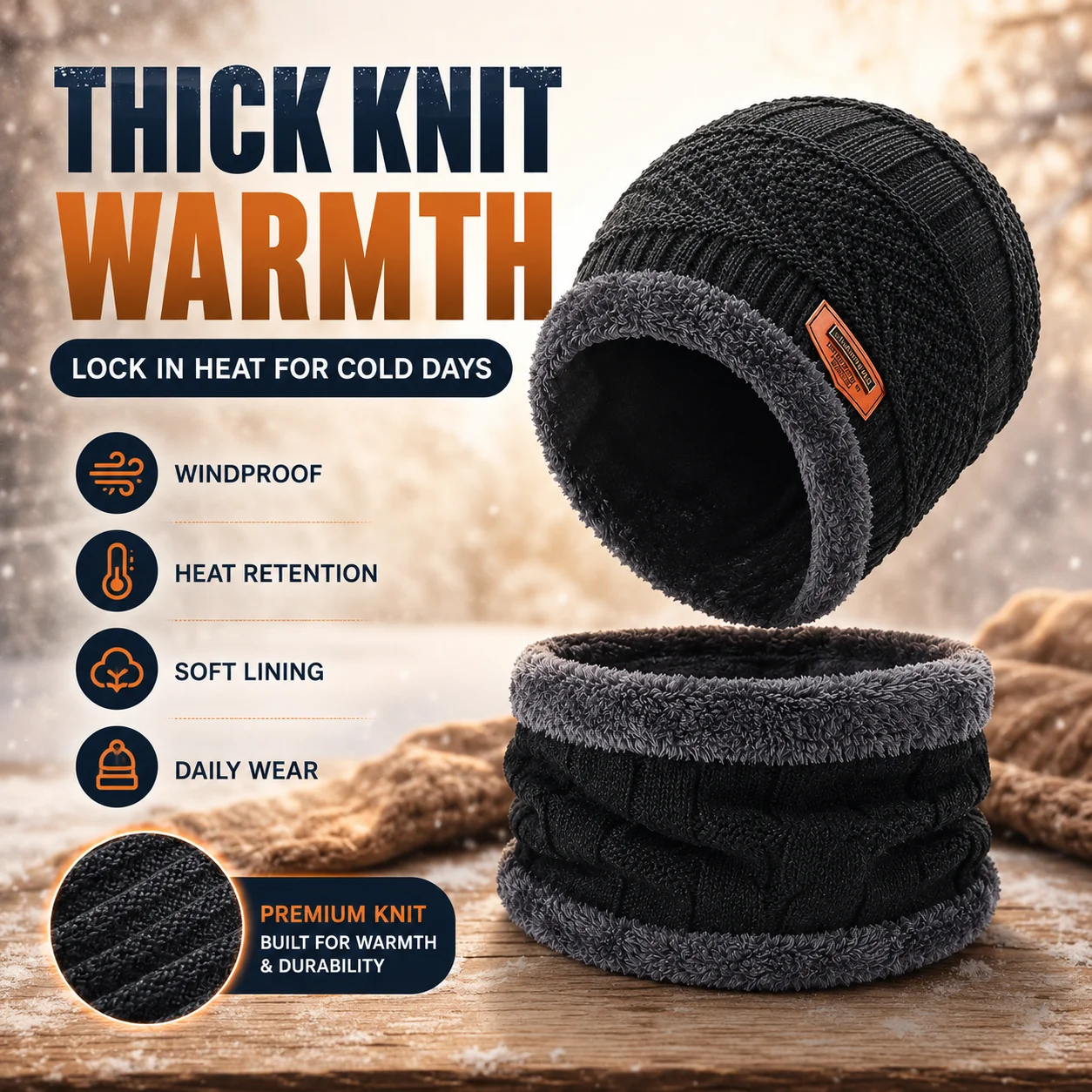 2PCS Winter Beanie Hat Neck Warmer Set Men Women Thick Fleece Lined Knit Cap Scarf Warm Windproof Cold Weather Outdoor Gift Wear