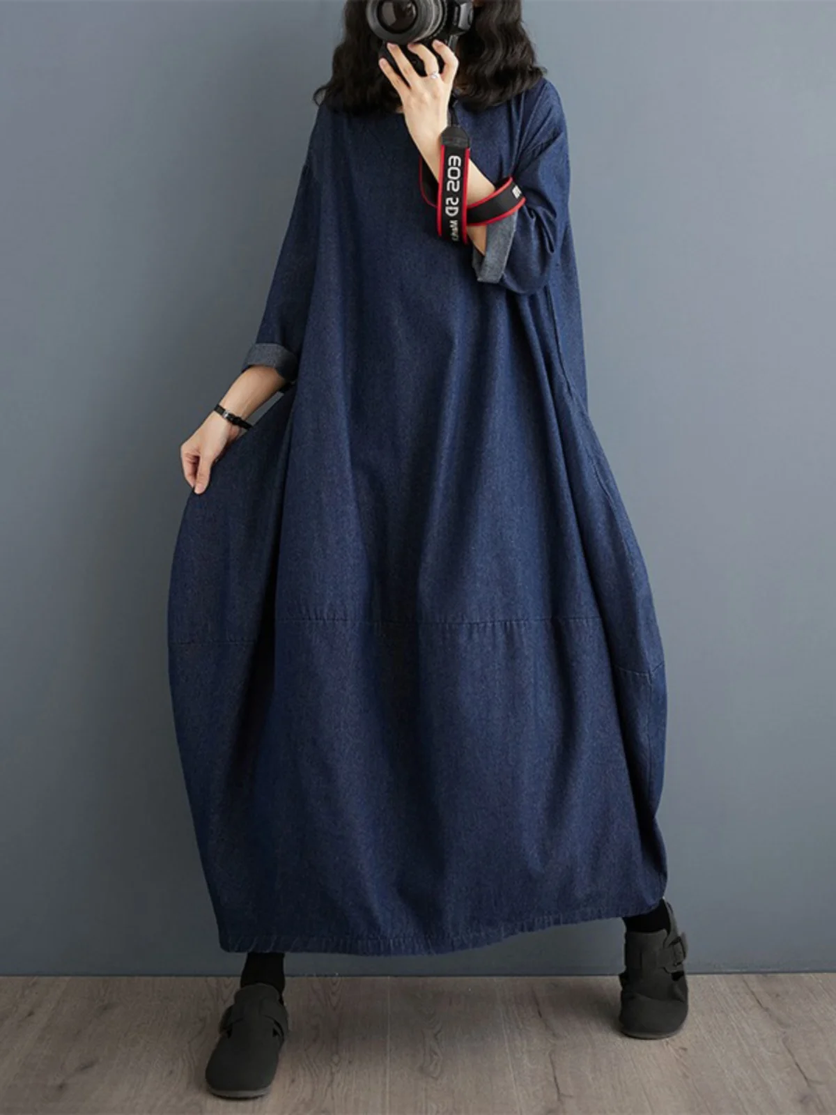 

Ретро Художественный Чистый Цвет Джинсовое Платье Больших Размеров Женское Faion Conceal Meat on Ape Nine Sve round Ne Long Dr