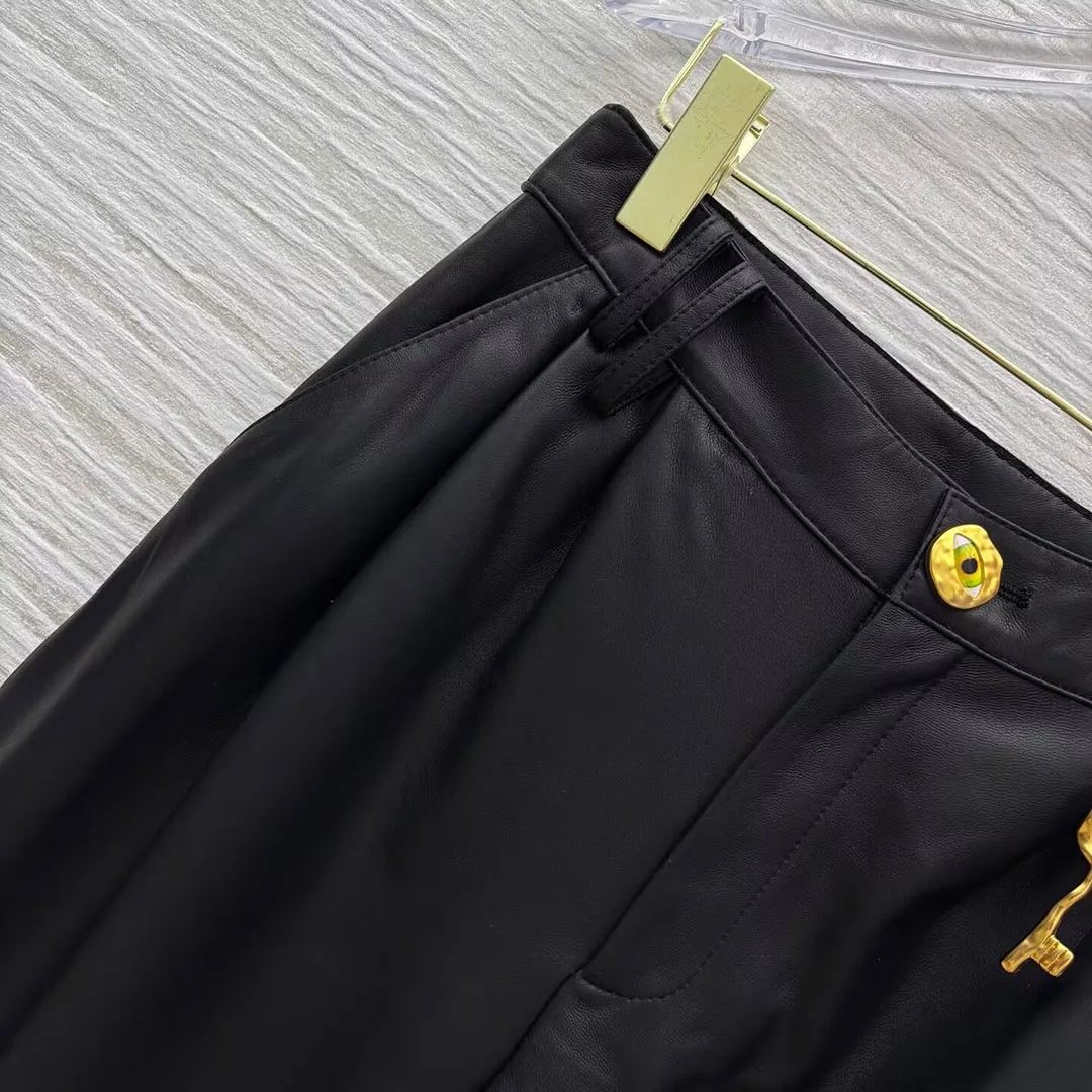 High Quality Black Soft 100% Sheepskin Wide Leg Pants Women High Waist Eye Button Gold Key Genuine Leather Loose Long Trousers