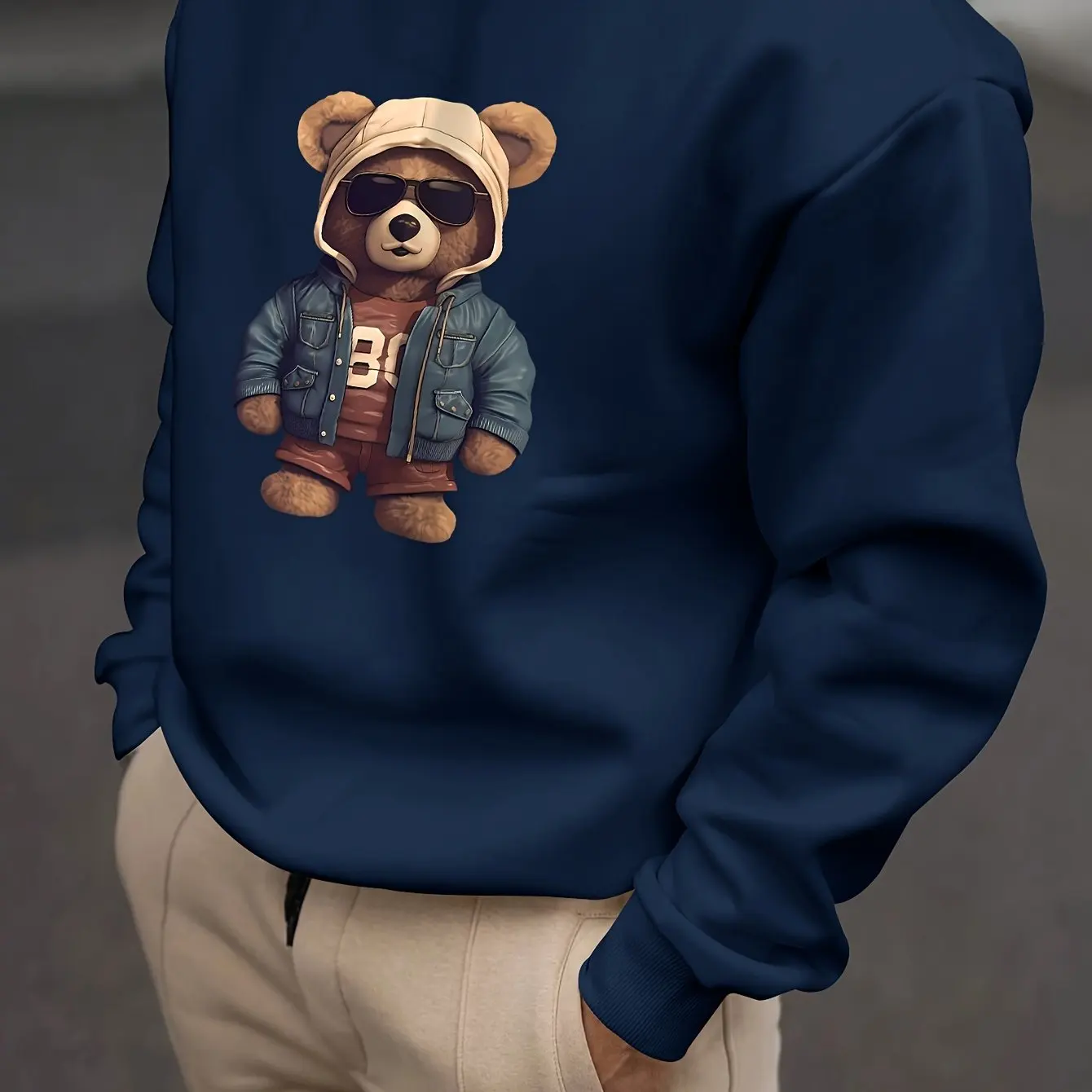 Fashion Cute Bear Graphic Men's Sweatshirts Autumn Loose Breathable Long Sleeve Clothes Simple Design Loose Round Neck Pullovers