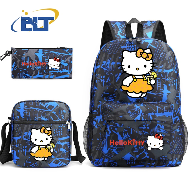 MINISO HeIIoKitty bedrucktes Schüler-Schultaschen-Set, Kinder-Umhängetasche, Rucksack, Federmäppchen, dreiteiliges Set