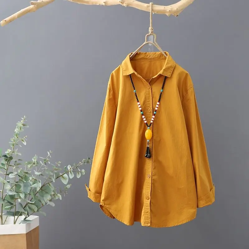 Retro Simple Cotton Linen Loose Long Sleeve Button Up Shirt Spring Autumn Casual Solid Tunic Top Blouse Women Blusas Clothes2023