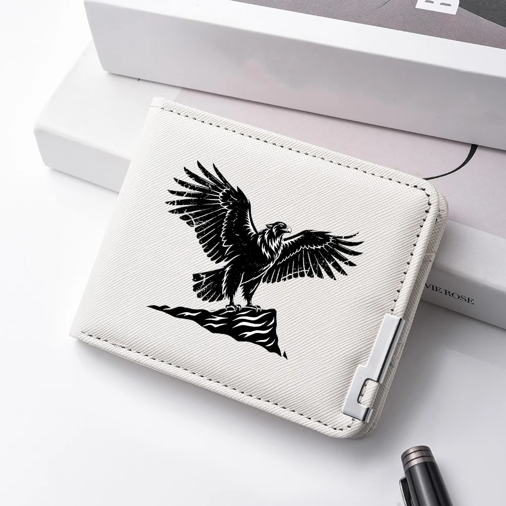 Men's Double-Fold PU Leather Wallet Bald Eagle Silhouette Print Multi-Pocket Cash Pocket Short Wallet Open-Wing Design