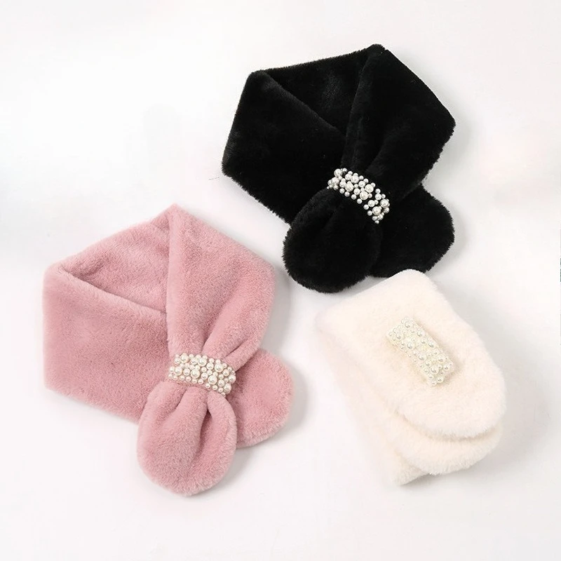 Women Winter Korean Style Plush Neck Warmer Cute Furry Collar Versatile Warm Cross Scarf for Girls Students