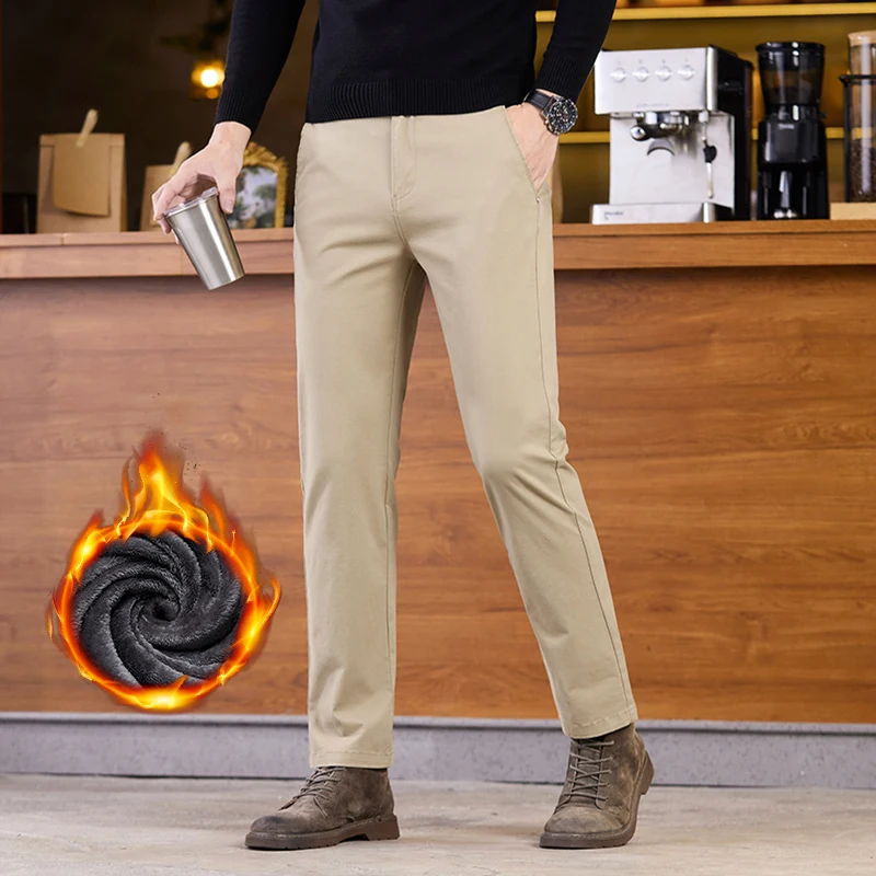 Зимние флисовые брюки 2025 года, мужские карманные модные утолщенные хлопковые эластичные удобные плюшевые прямые деловые брюки мужские