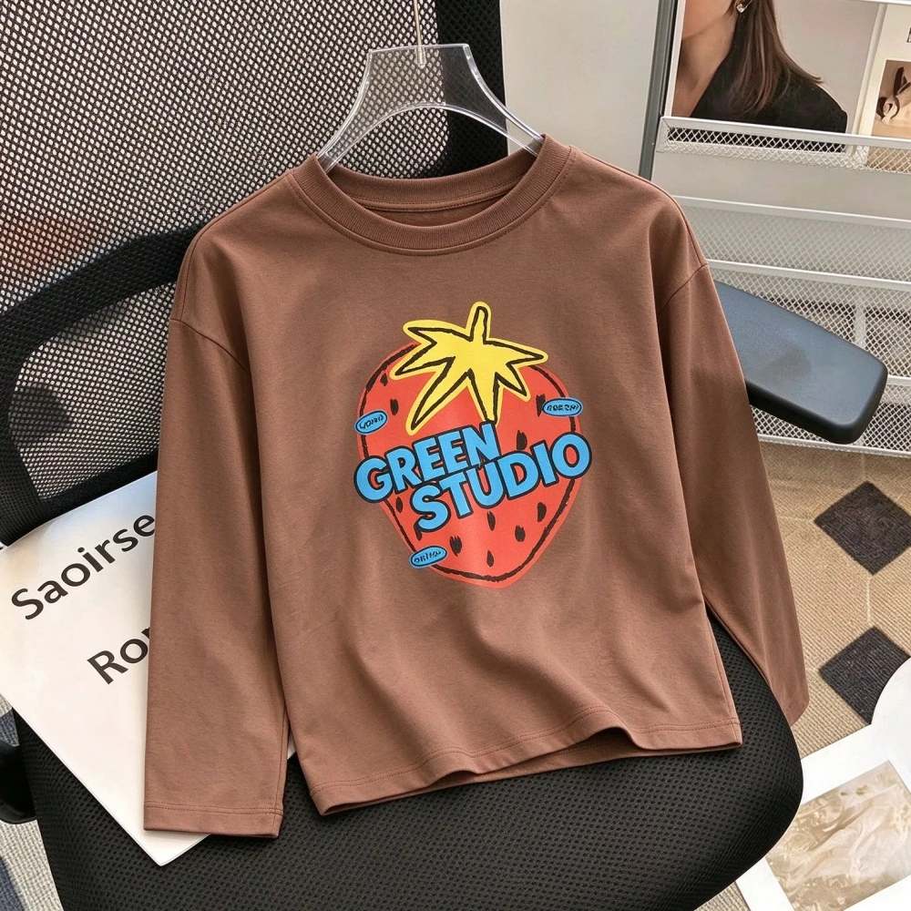Toddler Long Sleeve Round Neck Pullover Strawberry Green Studiio Fruit And Animal Cartoon Patterns Suitable For Autumn Home Wear