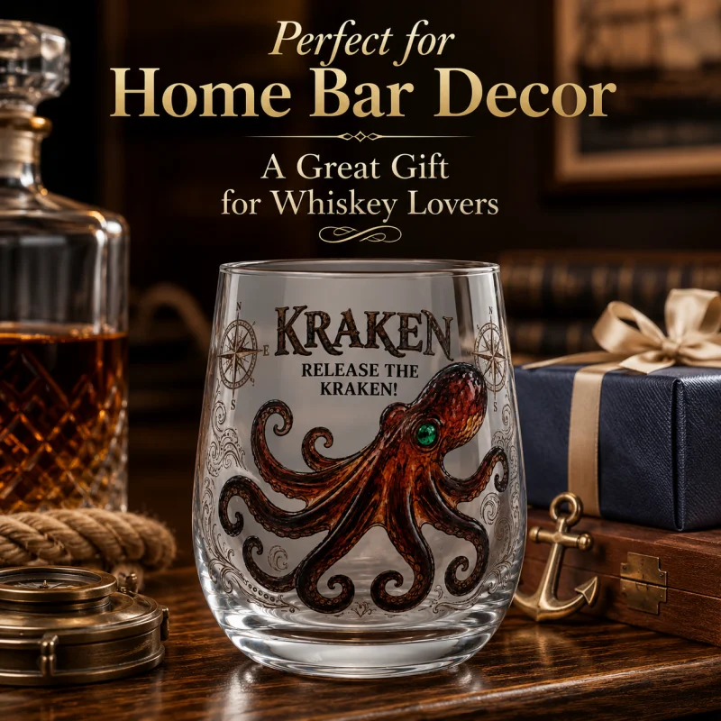 Kraken Octopus Whiskey Glass Vintage Nautical Compass Print Lowball Tumbler Heavy Clear Crystal Spirits Cup Unique Sea Monster