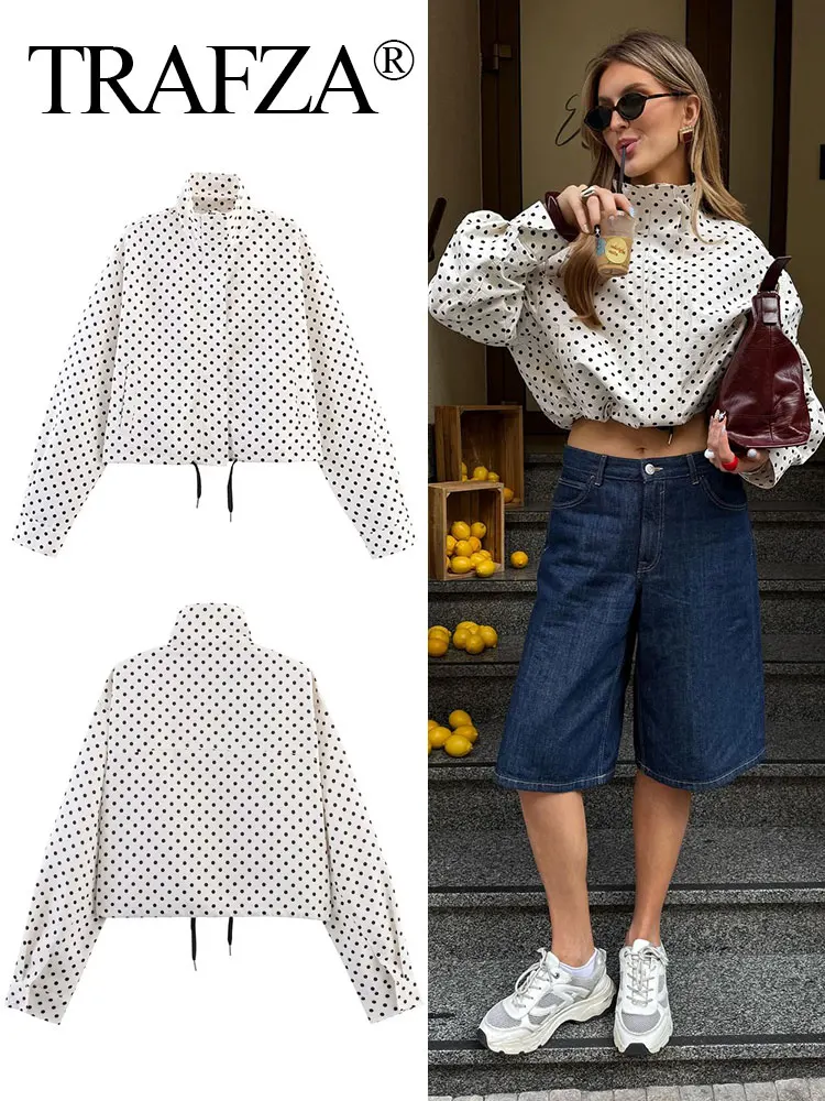 

TRAFZA Woman Polka Dot Print Jacket Turtleneck Long Sleeves Zipper Drawstring Coats Streetwear Pockets Women's New In Outerwear