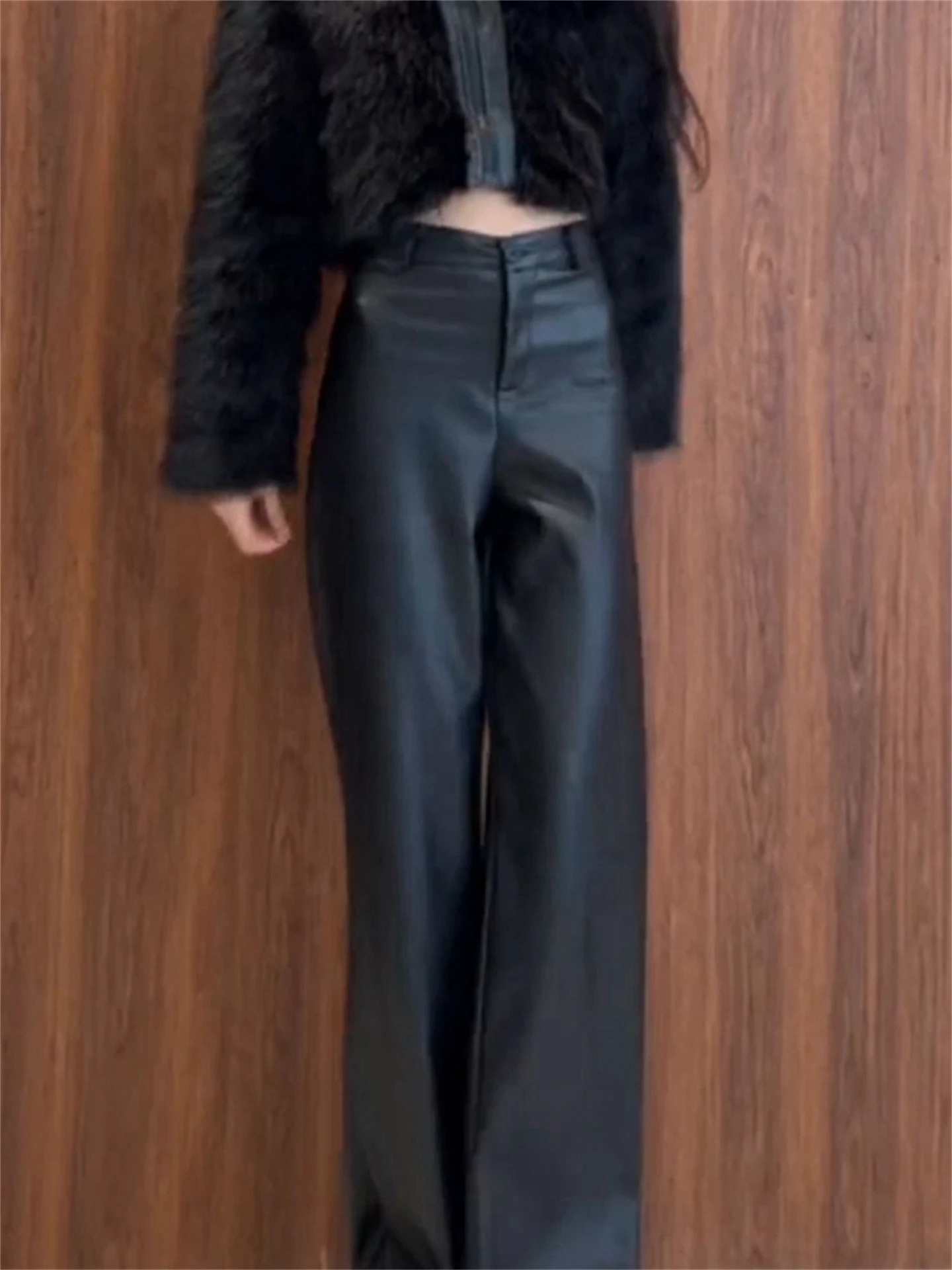بنطلون نسائي أسود كاجوال من الجلد الصناعي، واسع الساق وطويل يصل للأرض، تصميم جديد للخريف والشتاء، أنيق ونحيف #5