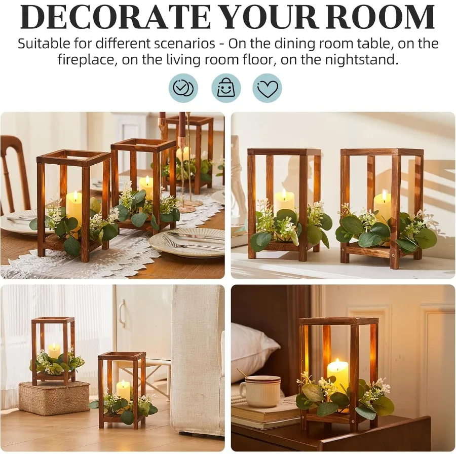 Juego de 48 Uds. De 16 unidades de centro de mesa de farol de boda de madera con 16 soportes, 16 velas y 16 coronas para decoración rústica de mesa en un conteo