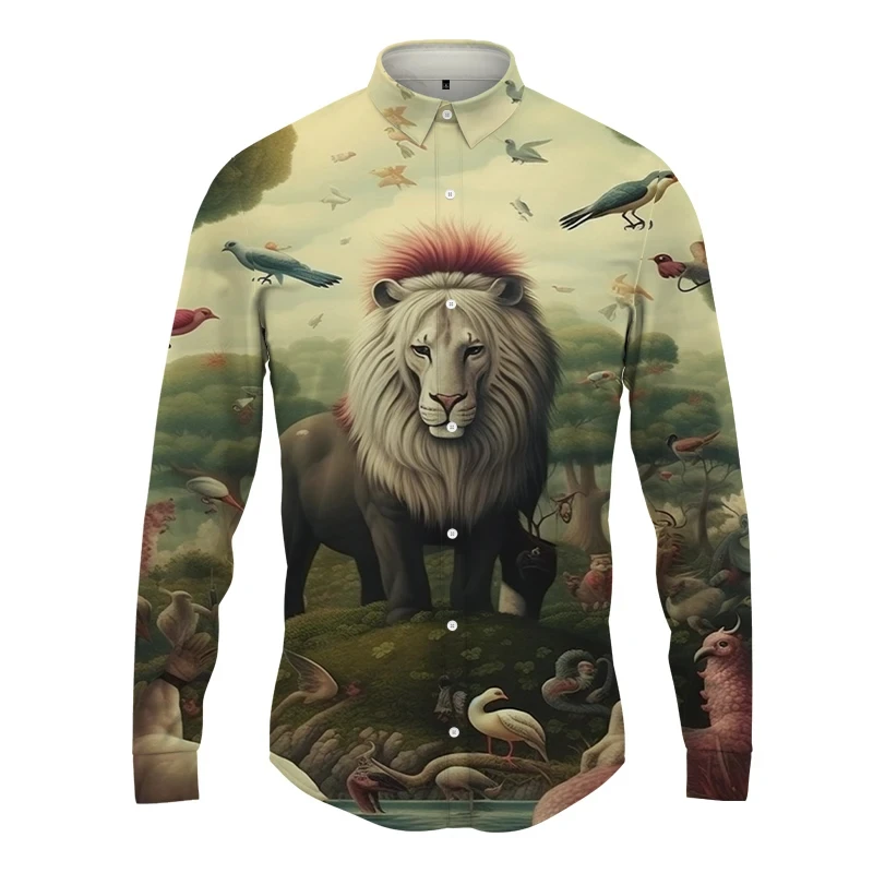 

New Elephant Printed Shirt Spring Autumn Fashion Men's Gettling Shirt Hawaiian Men's Long -sleeved Shirt Street Men's Clothing