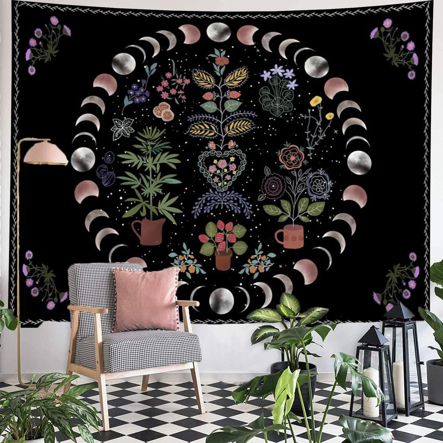 

Plant Tapestry Boho Moon and Sun Wall Art Hanging Tapestries Mandala Aesthetic Room Decor Bedroom Decoration Accessories Blanket