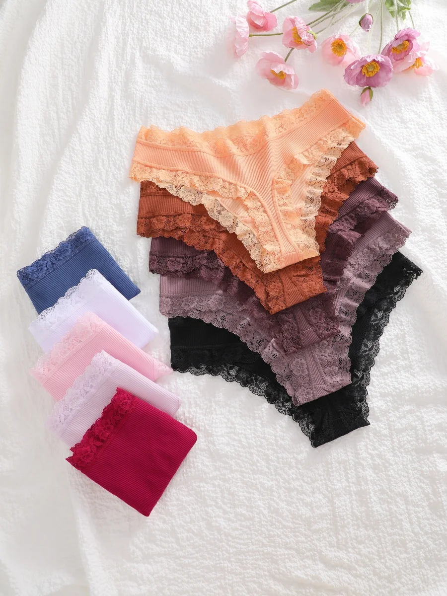 6 Stück/Set Baumwoll-Patchwork-Spitzenhöschen für Damen, einfarbig, atmungsaktiv, niedrige Taille, G-Strings, Unterwäsche, weiche, bequeme Tangas – Detail 7