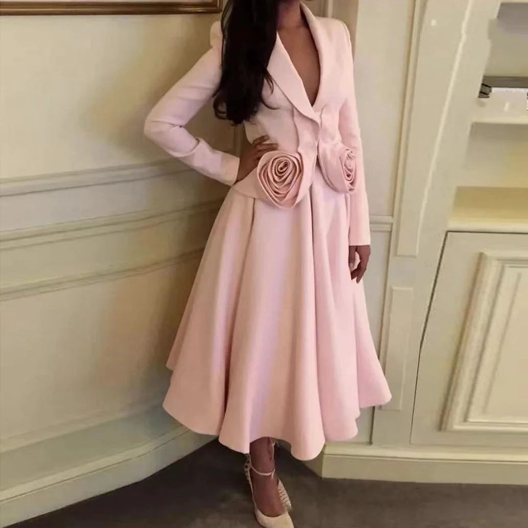 ハイファッション ピンク イブニングドレス 足首までの長さ 花柄 パーティードレス ドレープ サテン シャーリング 長袖 マキシドレス 特別な機会の服装