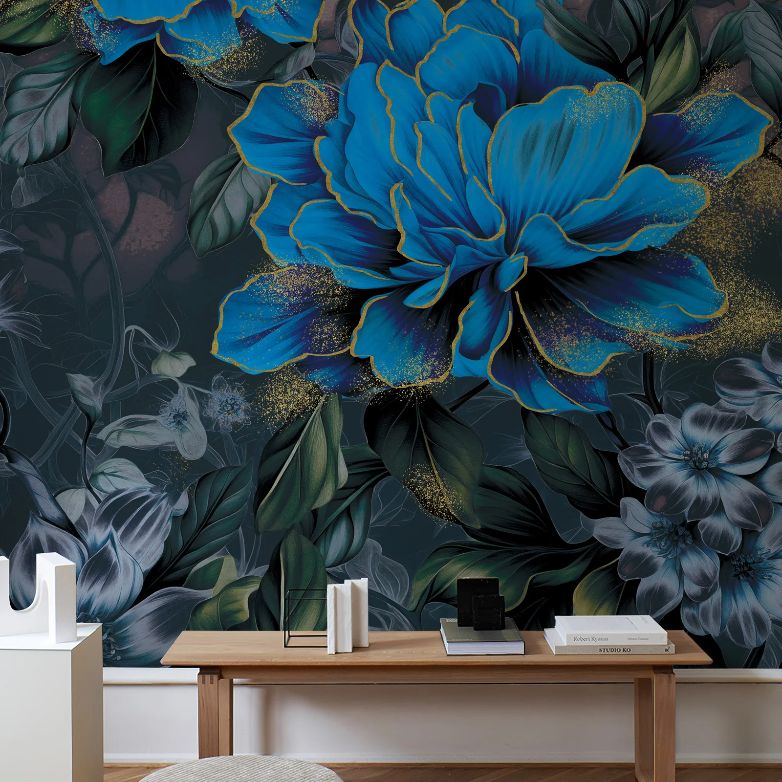 

Custom Dark Blue Floral Wall Mural Peel and Stick Vintage Large Peony Flower Wallpaper Wall Art for Living Room Bedroom Bathroom