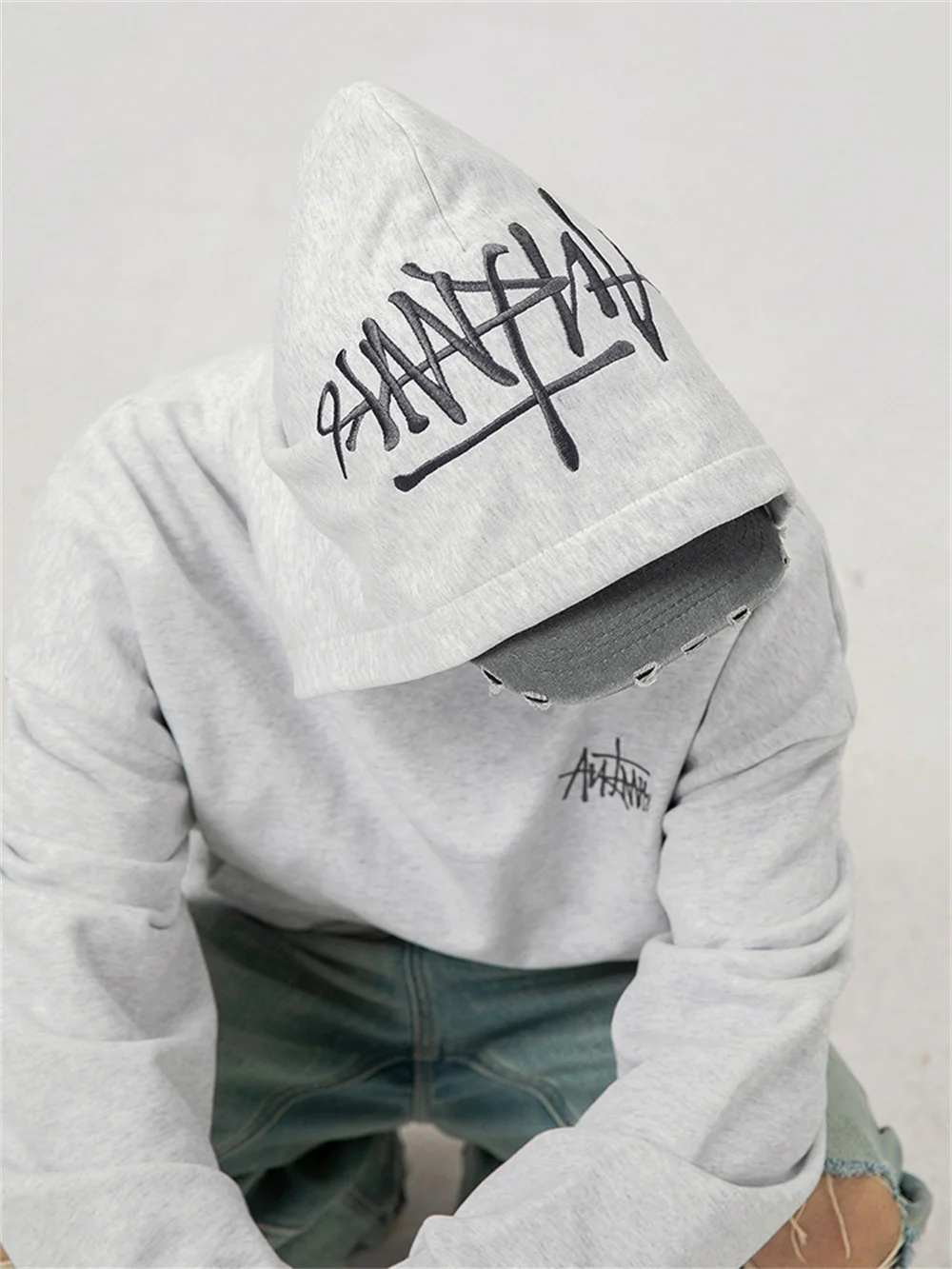 

400G heavy hand-painted letter embroidery hoodie men's fall and winter American fashion couple loose hoodie coat