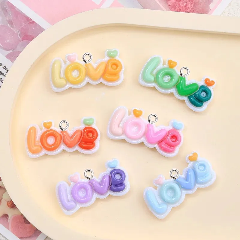 10Pcs Chroma Cartoon Love Typeface Resin Pendant DIY Earrings Necklace Pendants Bracelet Keychain Decoration Flat Back Resin