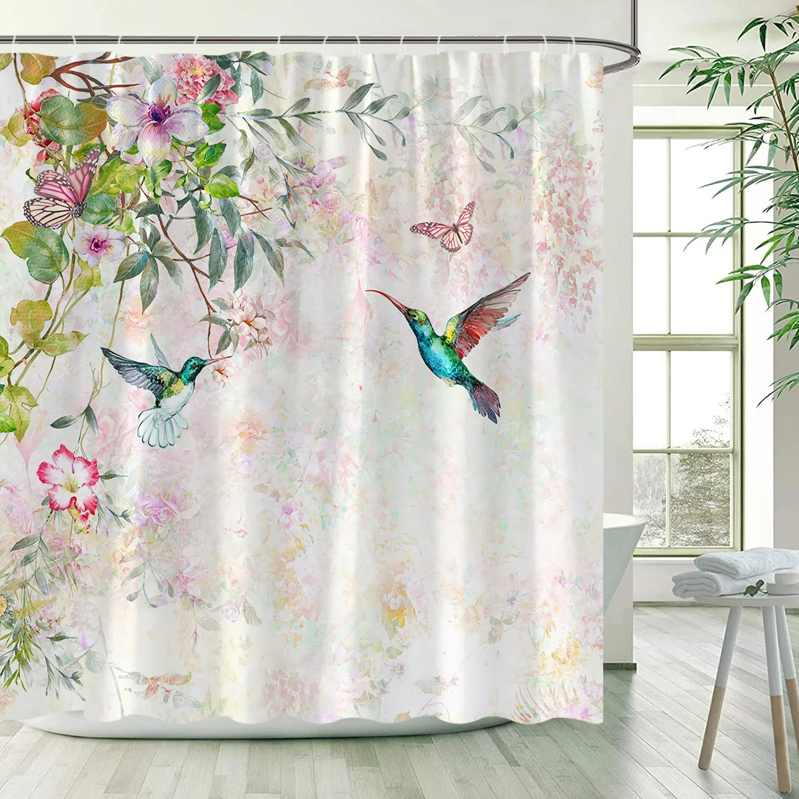 Flowers Bird Shower Curtains Floral Plant Vintage Chinese Style Bath Curtain Set Polyester Fabric Bathroom Decoration with Hooks