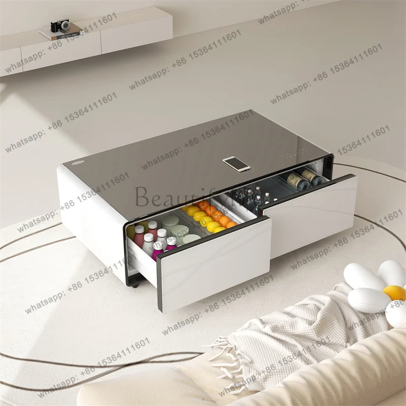 

2025 Modern Smart Furniture Smart Coffee Table 135L Dual Drawer Refrigerator Wireless Charging Music Player