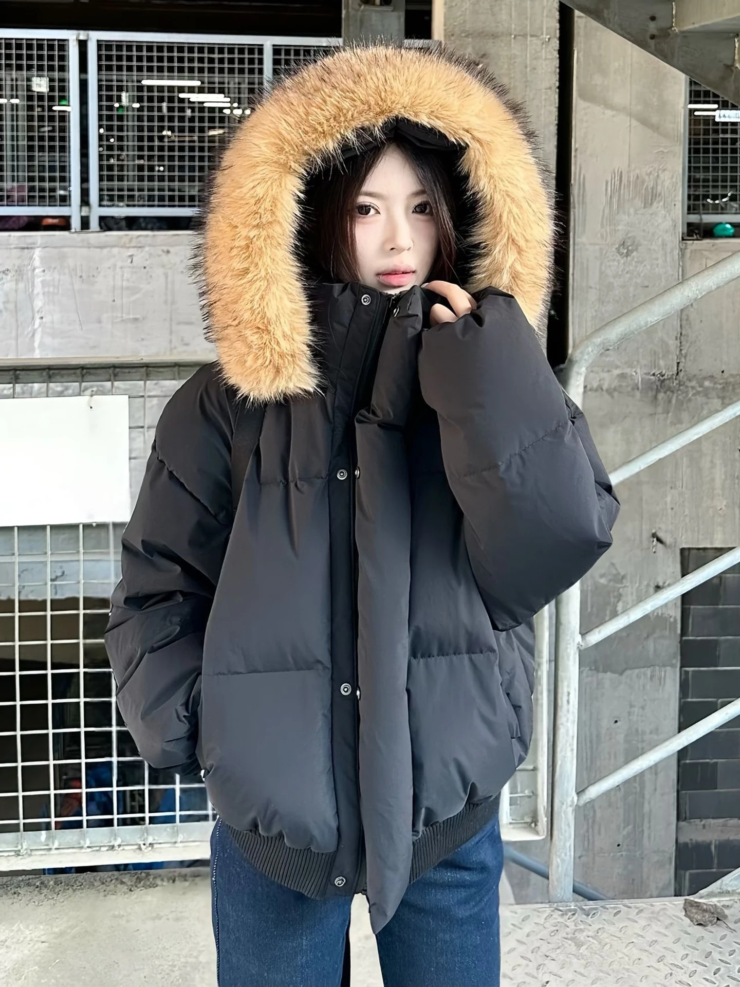 

Bla Hooded Thiened Warm ort Cotton Jaet Large Fur Collar ex Winter Faionable Versatile Cold Proof Outerwear