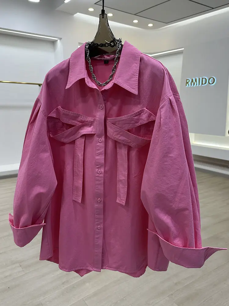 

Oversize Bow Long Sleeve Shirt For Women Spring Autumn Thin Solid Color Turn Down Collar Loose Blouse Casual Tops