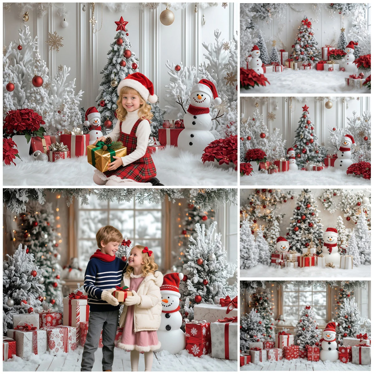 Winter Christmas Decoration Backdrop Frosted Xmas Tree Snowman Gift Pile Kids Party Family Portraits Backgrounds for Photographs