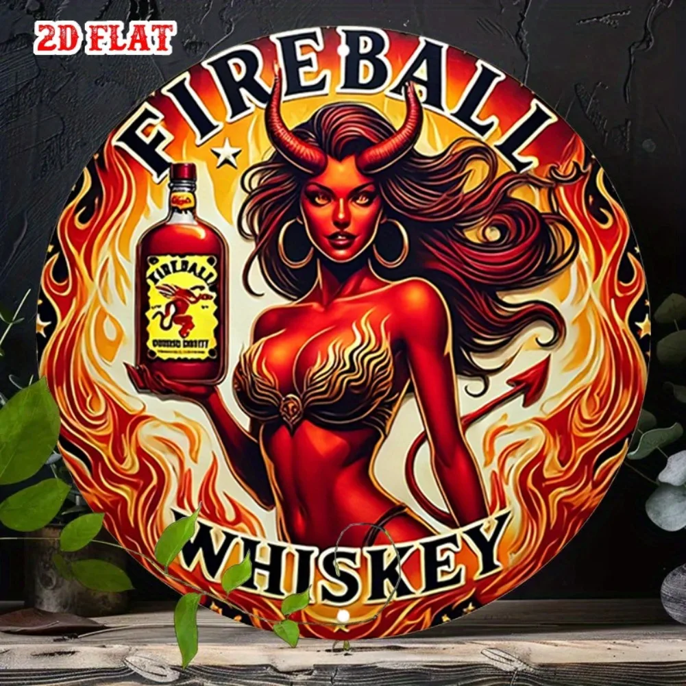 [Vintage Pin-Up Art Sign] 1 Stück Vintage Pin-Up Art Metallschild – Teufelse Frau mit Feuerball-Whisky-Flasche, rothaariger Teufel