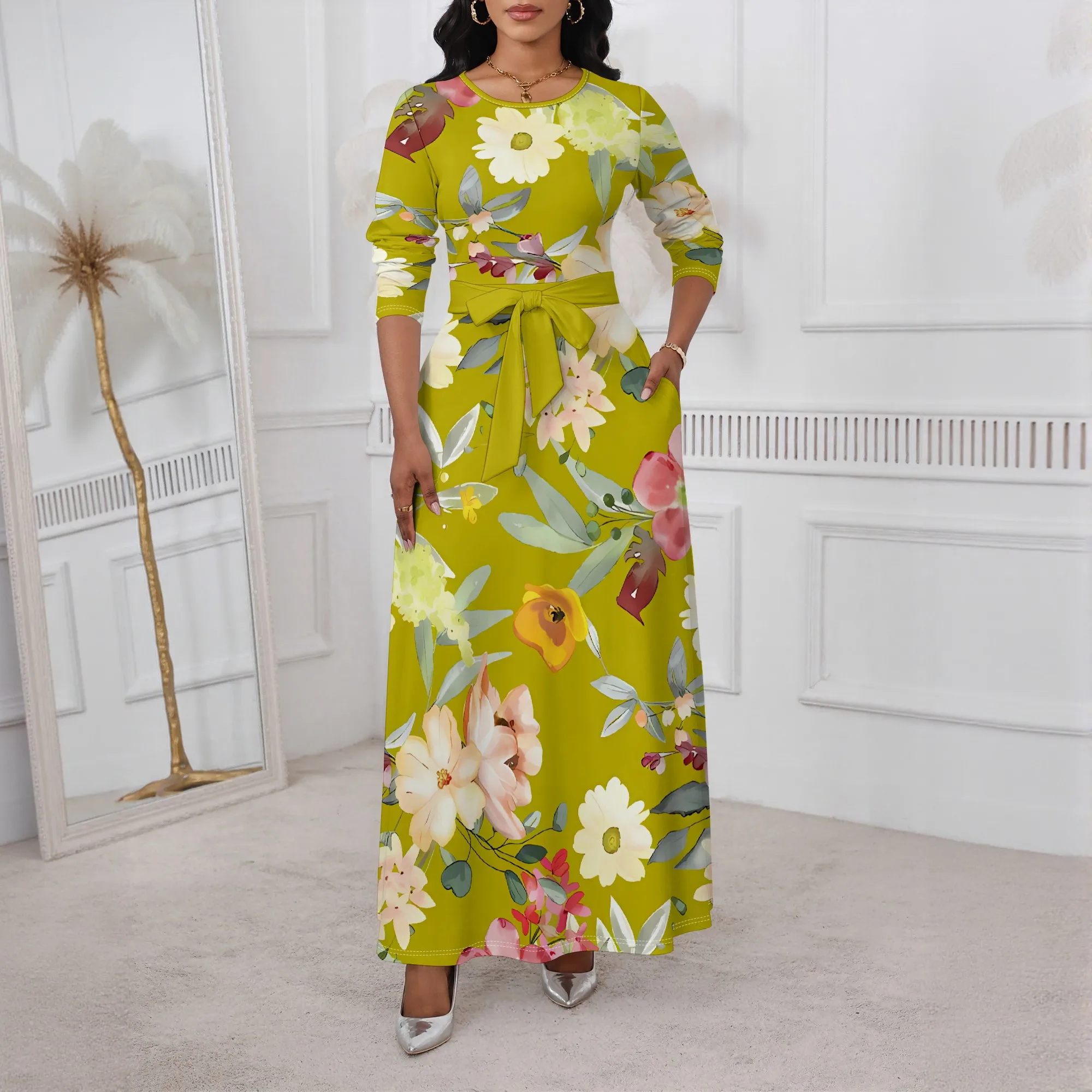 

Nupusa Standard Size Floral Long - Sleeve Maxi Dress Women Summer Belted Long Dress Watercolor Flower Print Elegant Party Wear